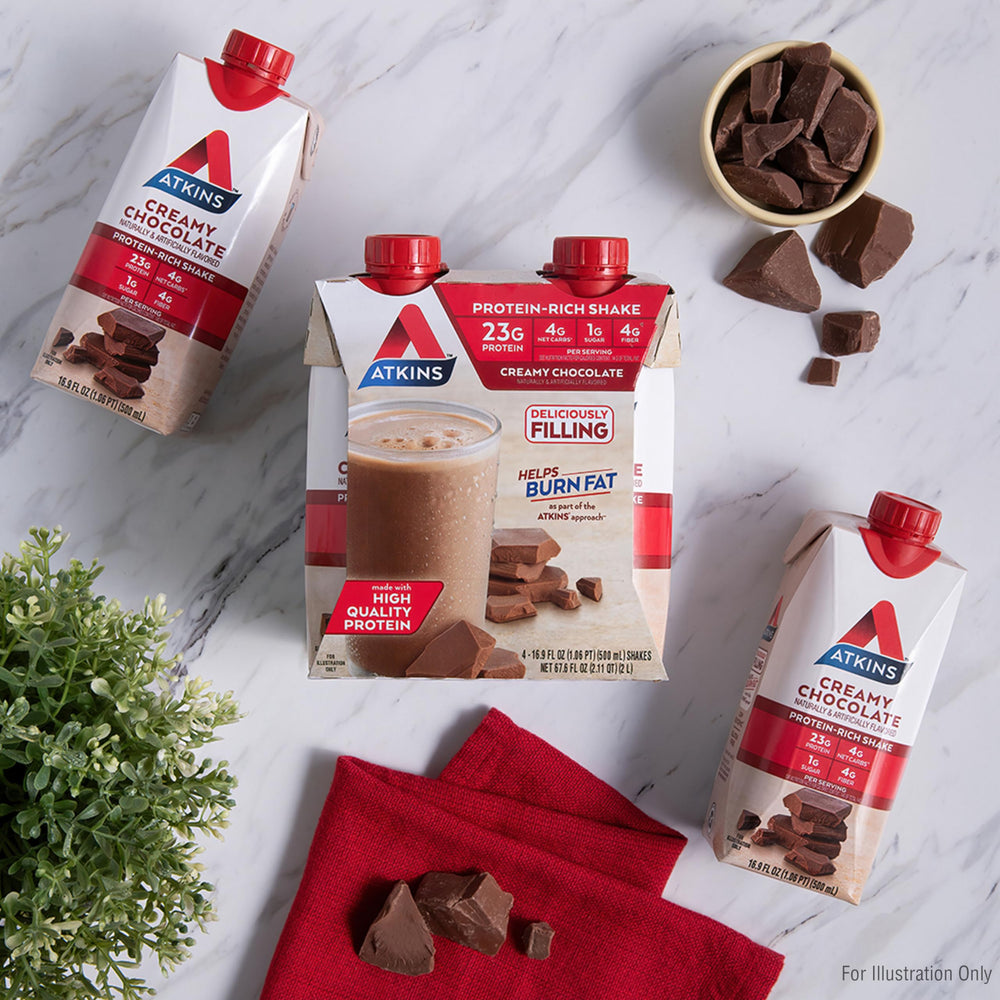 Atkins Creamy Chocolate Shake on-the-go bottle in gym bag.