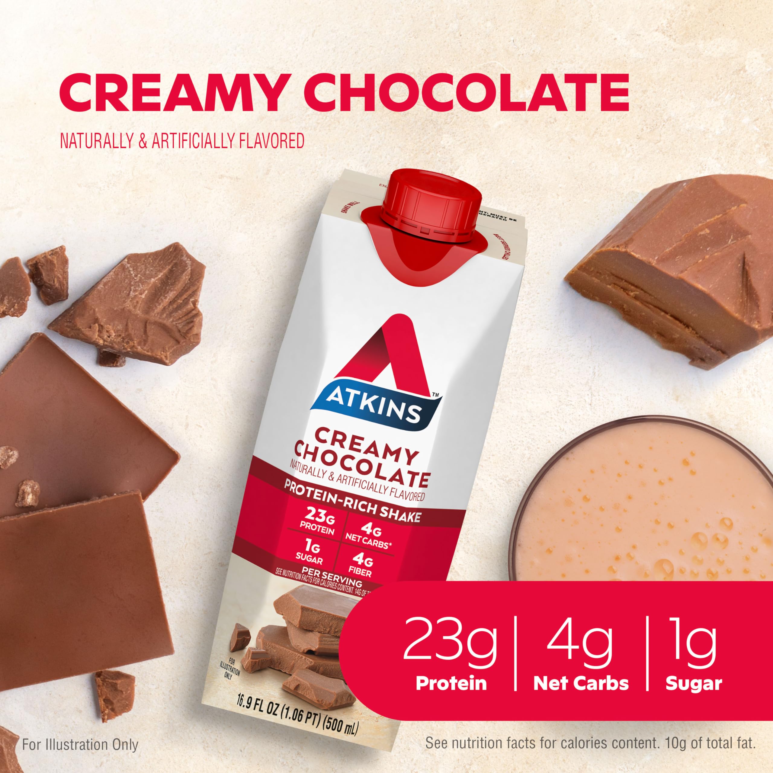Atkins Creamy Chocolate Shake being poured into a glass for on-the-go use.