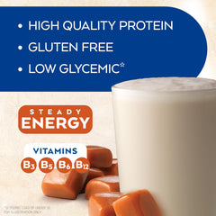 Atkins caramel shake in a glass after a workout for quick nourishment