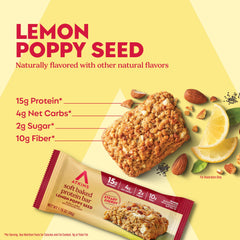 Close-up of Atkins Lemon Poppy Seed bar, showing texture and lemon zest notes