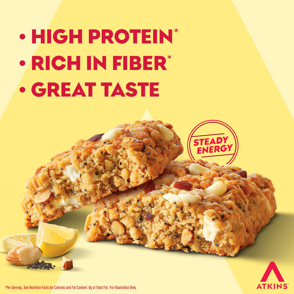 Atkins Lemon Poppy Seed Soft Baked Bar ingredients and fiber-rich profile