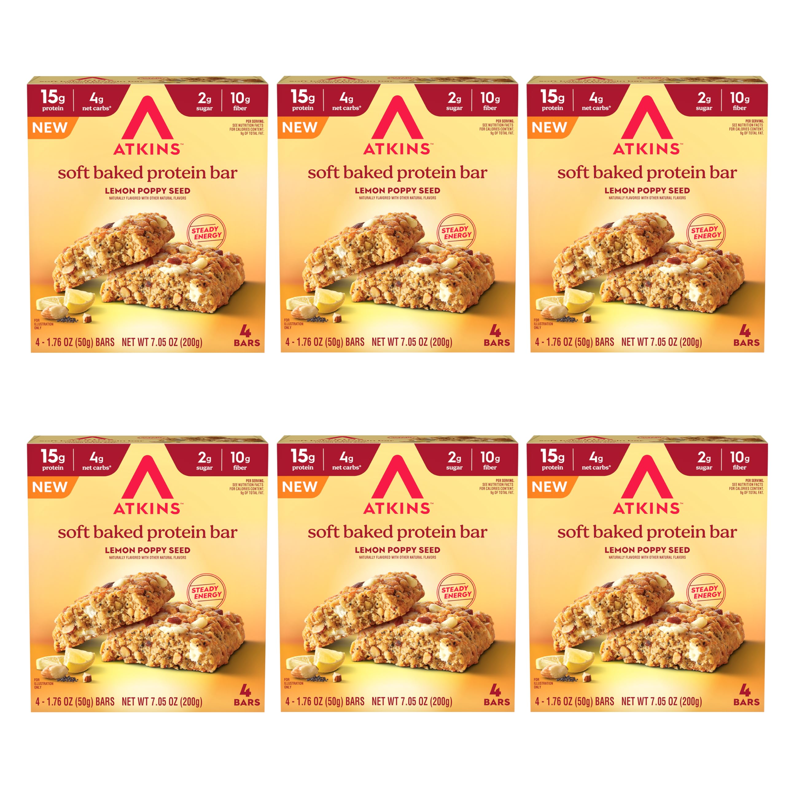 Atkins Lemon Poppy Seed Soft Baked Bar pack, convenient grab-and-go high protein snack