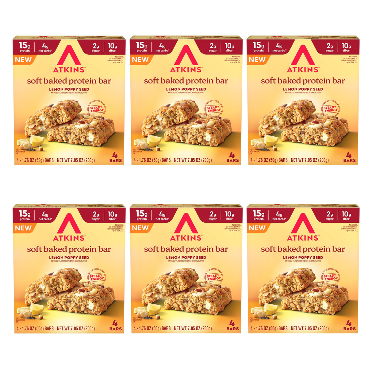 Atkins Lemon Poppy Seed Soft Baked Bar pack, convenient grab-and-go high protein snack