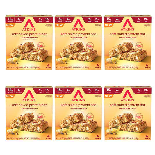 Atkins Lemon Poppy Seed Soft Baked Bar pack, convenient grab-and-go high protein snack