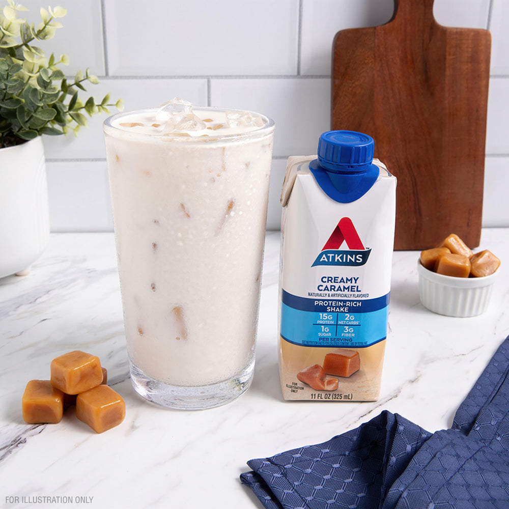 Nutrition label close-up on Atkins shake bottle showing protein content