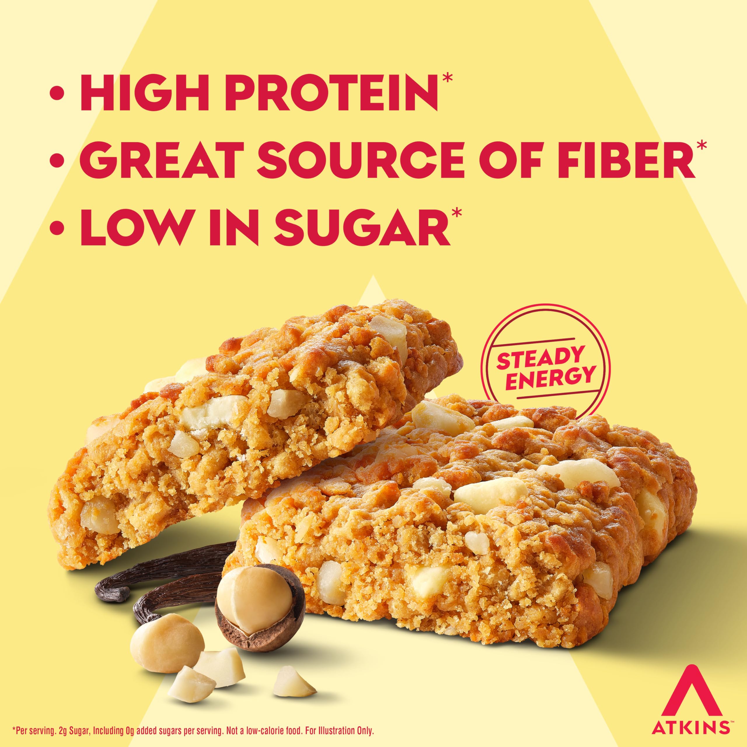 Atkins Soft Baked Vanilla Macadamia Nut bar bite highlighted for flavor and satisfying bite