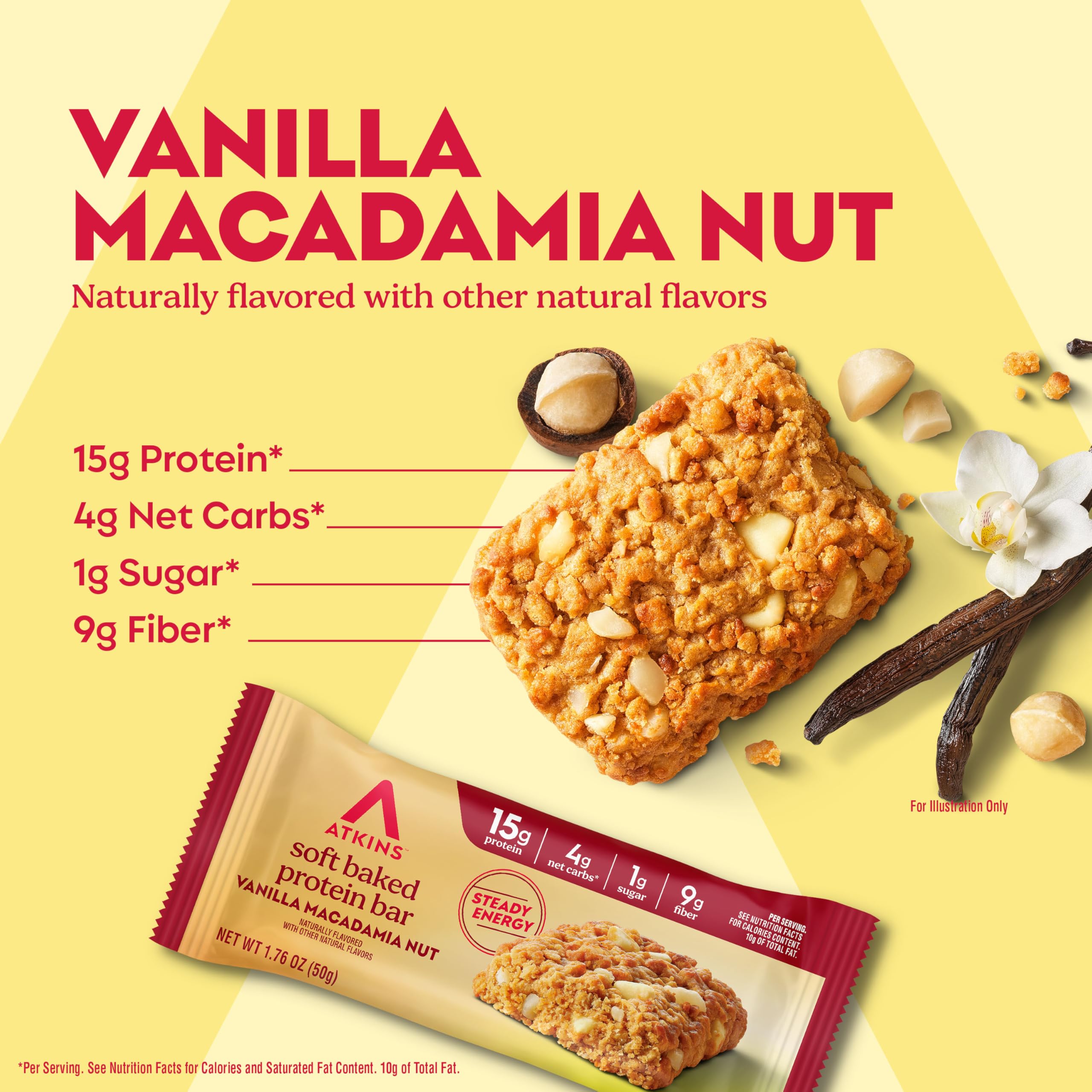 Atkins Soft Baked Vanilla Macadamia Nut bar closeup showing chewy texture and macadamia crunch