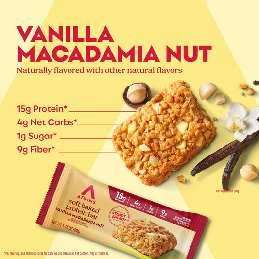Atkins Soft Baked Vanilla Macadamia Nut bar closeup showing chewy texture and macadamia crunch