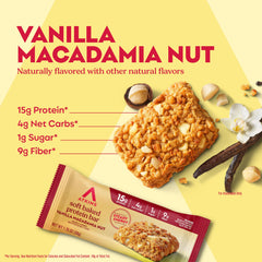 Atkins Soft Baked Vanilla Macadamia Nut bar closeup showing chewy texture and macadamia crunch