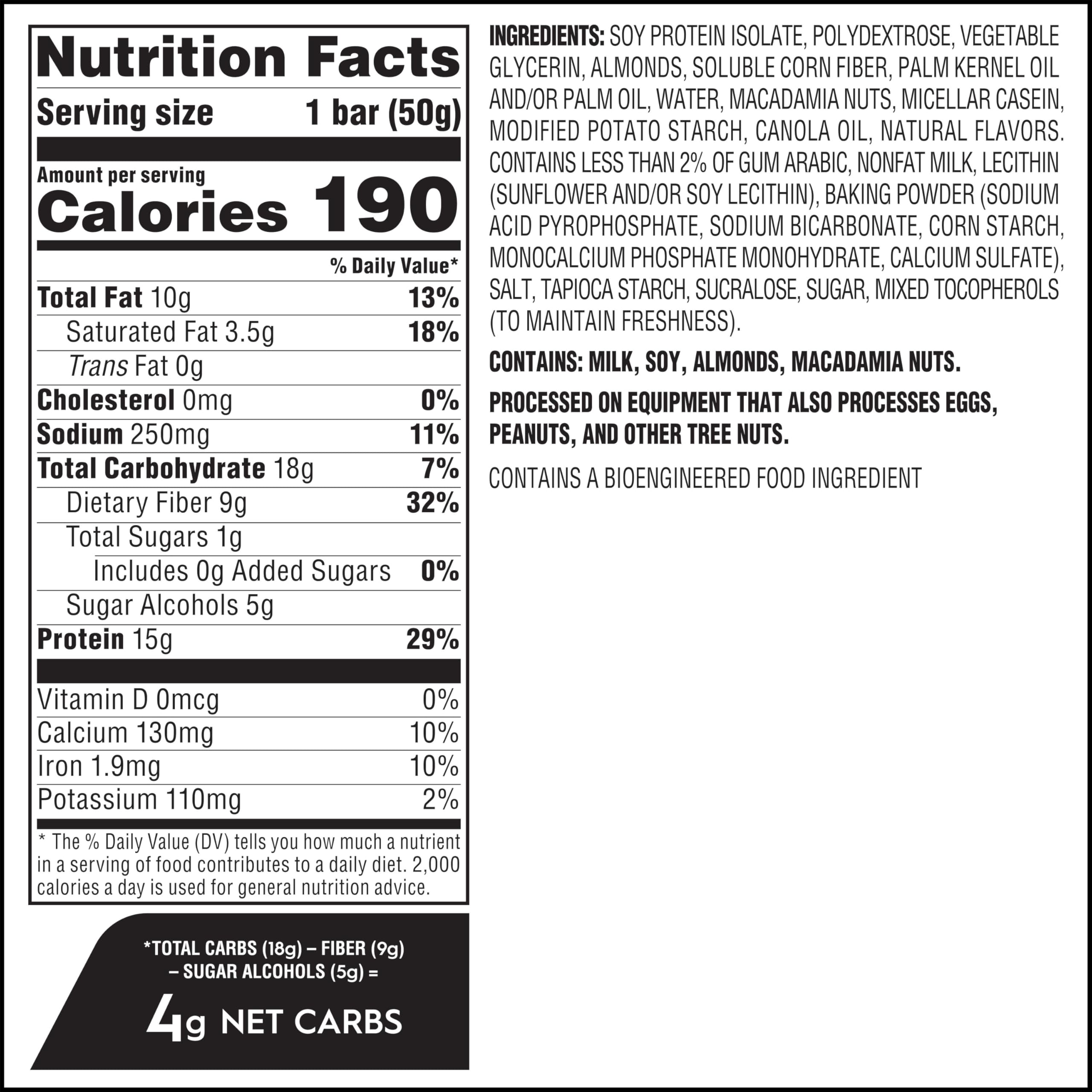 Atkins Soft Baked Vanilla Macadamia Nut bar ingredients view featuring protein and fiber balance