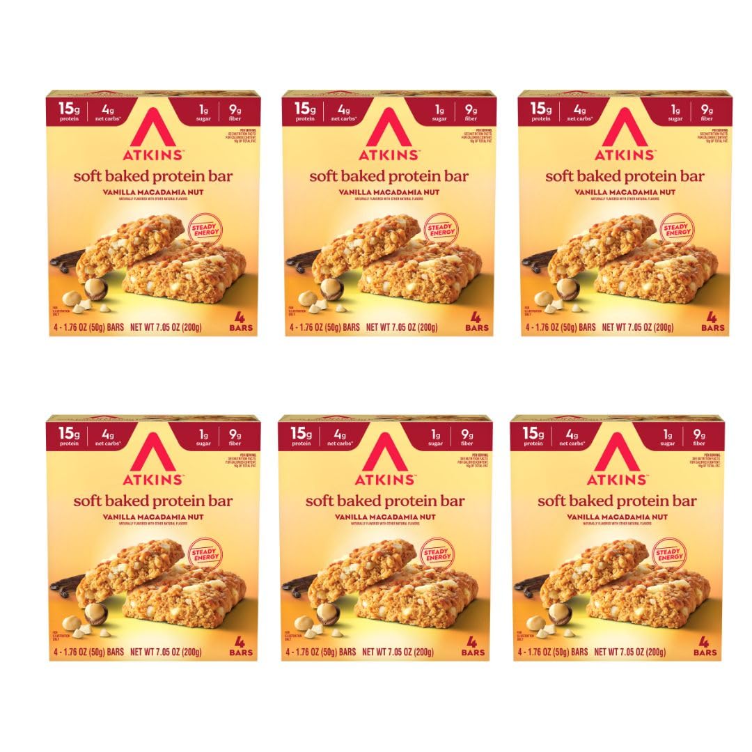 Atkins Soft Baked Vanilla Macadamia Nut bar pack for on-the-go energy and daily goals