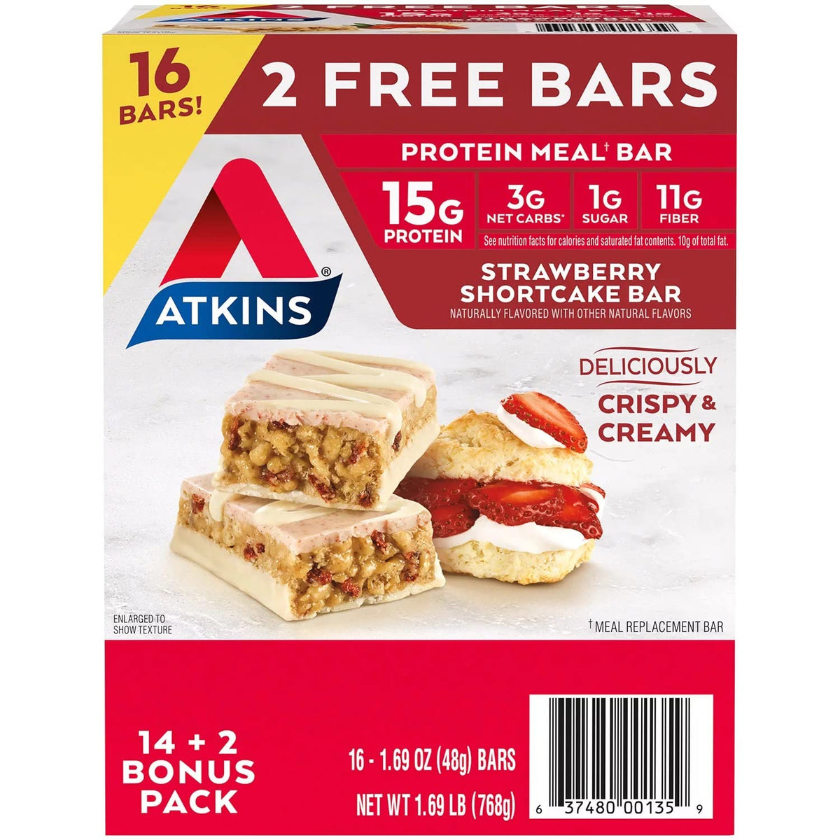 Atkins Strawberry Shortcake Protein Meal Bar packaging shown, convenient on-the-go snack.
