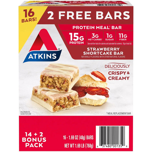 Atkins Strawberry Shortcake Protein Meal Bar packaging shown, convenient on-the-go snack.