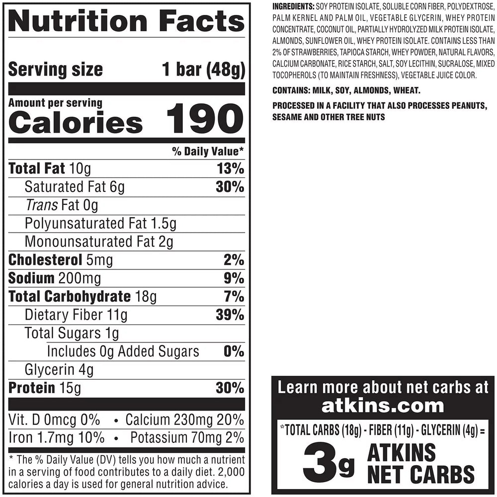 Atkins Strawberry Shortcake Bar texture close-up highlighting protein-rich interior.