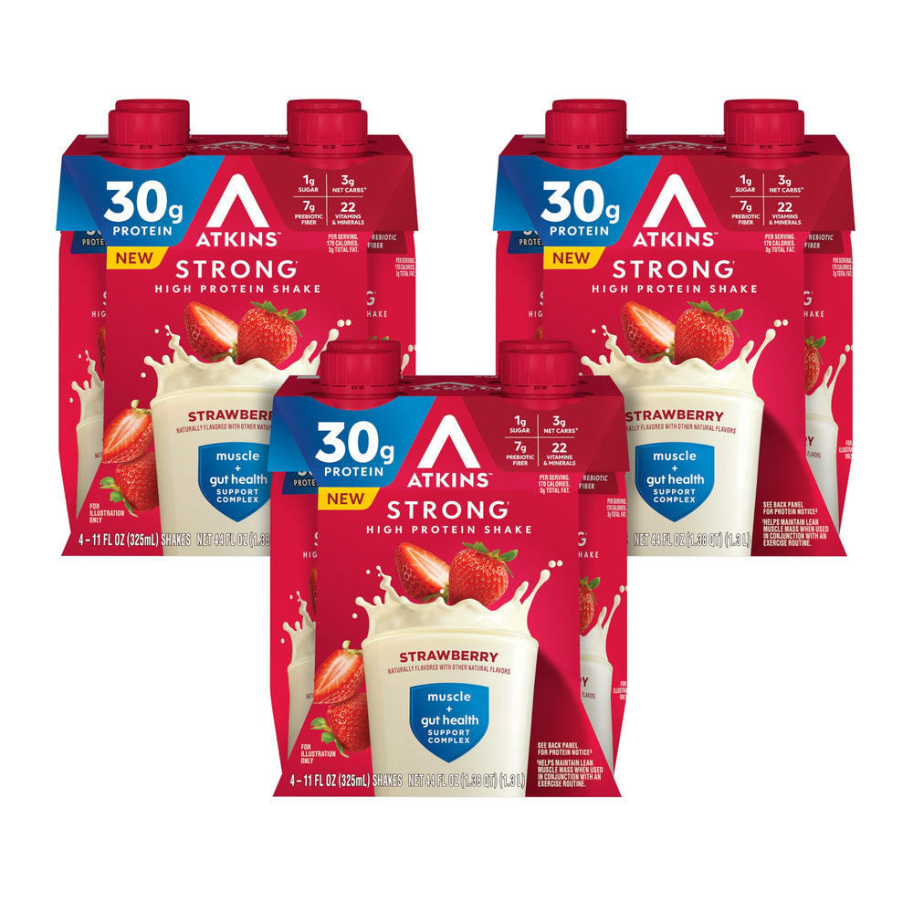 Atkins Strong bottle front view, protein-packed on-the-go shake.