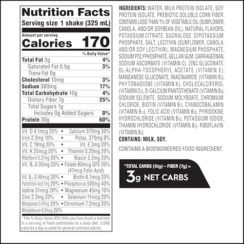 Atkins Strong nutrition panel highlighting 30g protein and 7g prebiotic fiber.