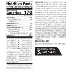 Atkins Strong nutrition panel highlighting 30g protein and 7g prebiotic fiber.