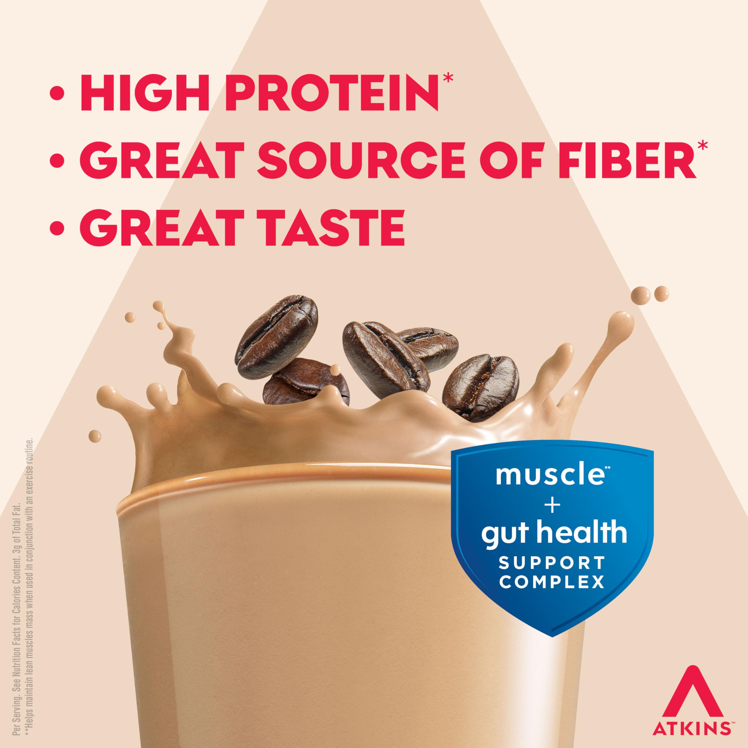 Atkins Strong Café Latte shake poured into glass, ideal post-workout recovery on the go.