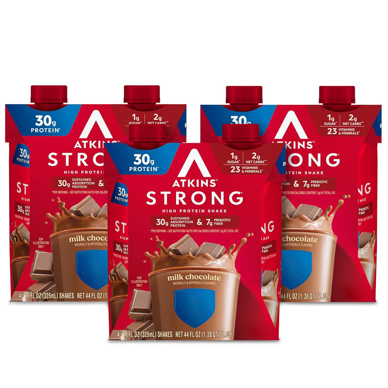 Atkins Strong milk chocolate bottle for convenient high-protein on-the-go nutrition.