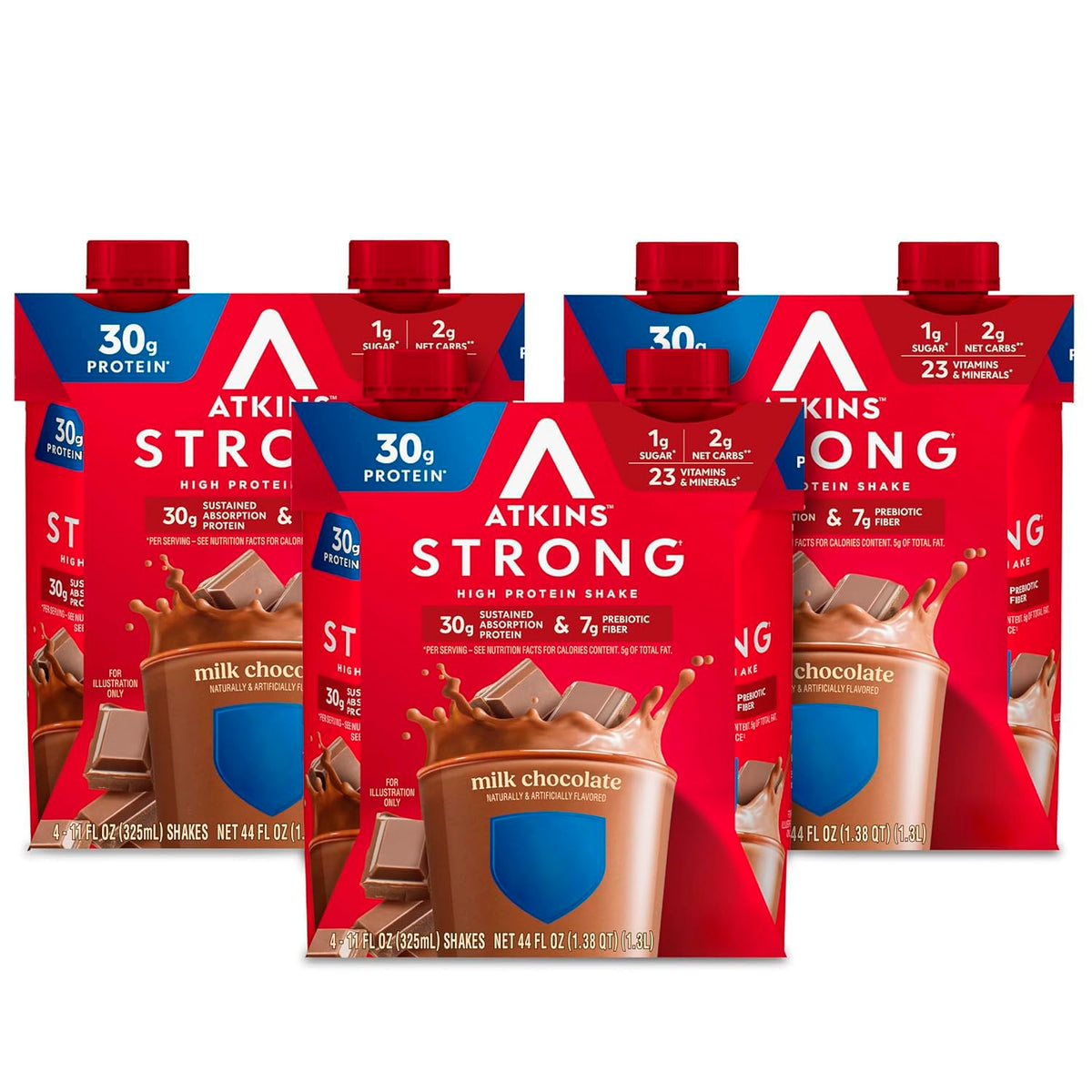 Atkins Strong milk chocolate bottle for convenient high-protein on-the-go nutrition.