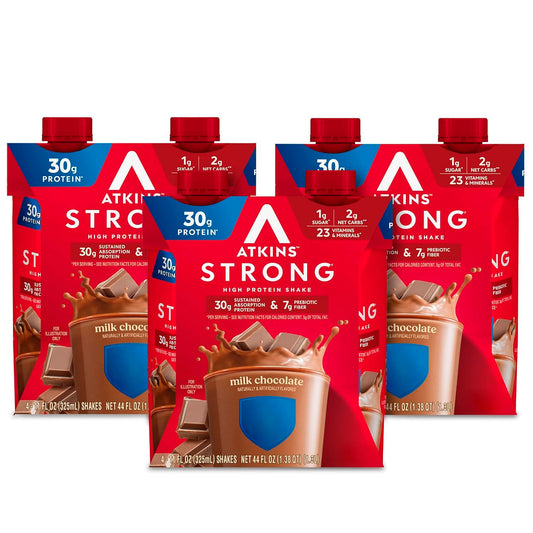 Atkins Strong milk chocolate bottle for convenient high-protein on-the-go nutrition.