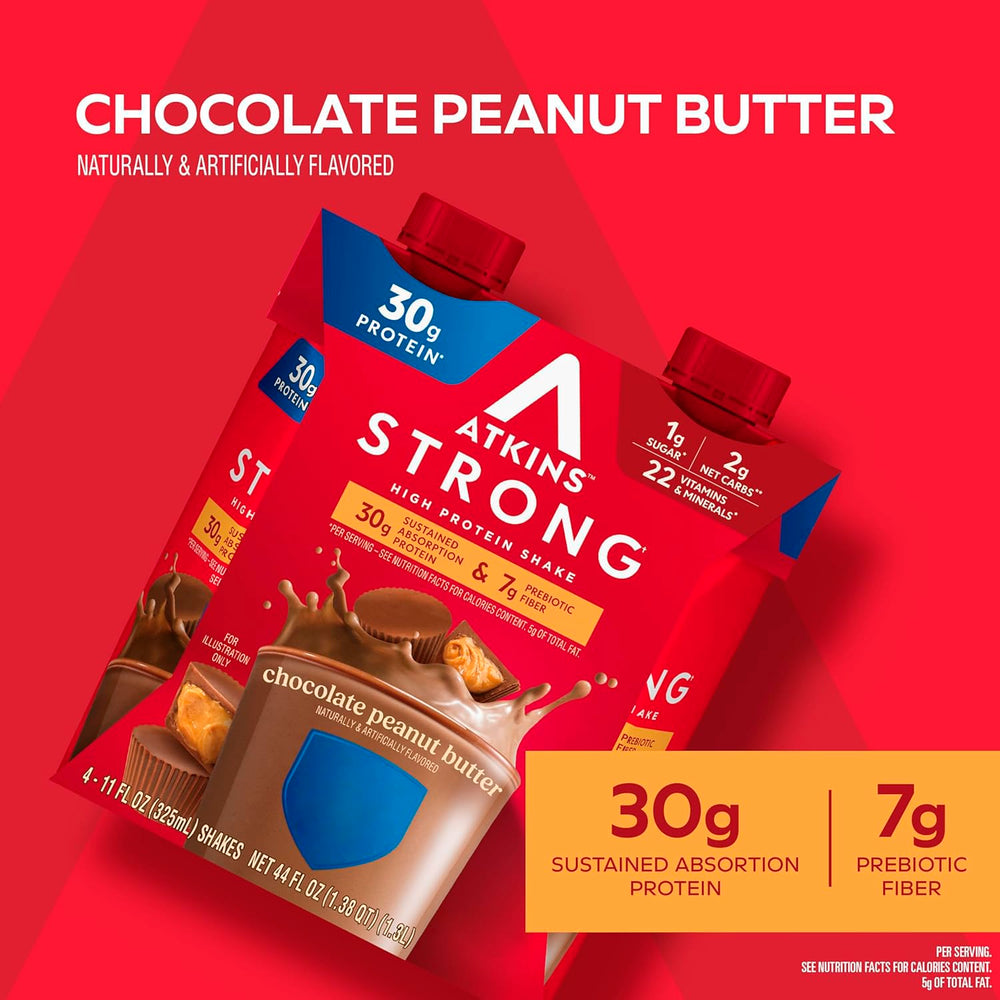 Atkins Strong prebiotic fiber shake—gut-friendly option with 2g net carbs.