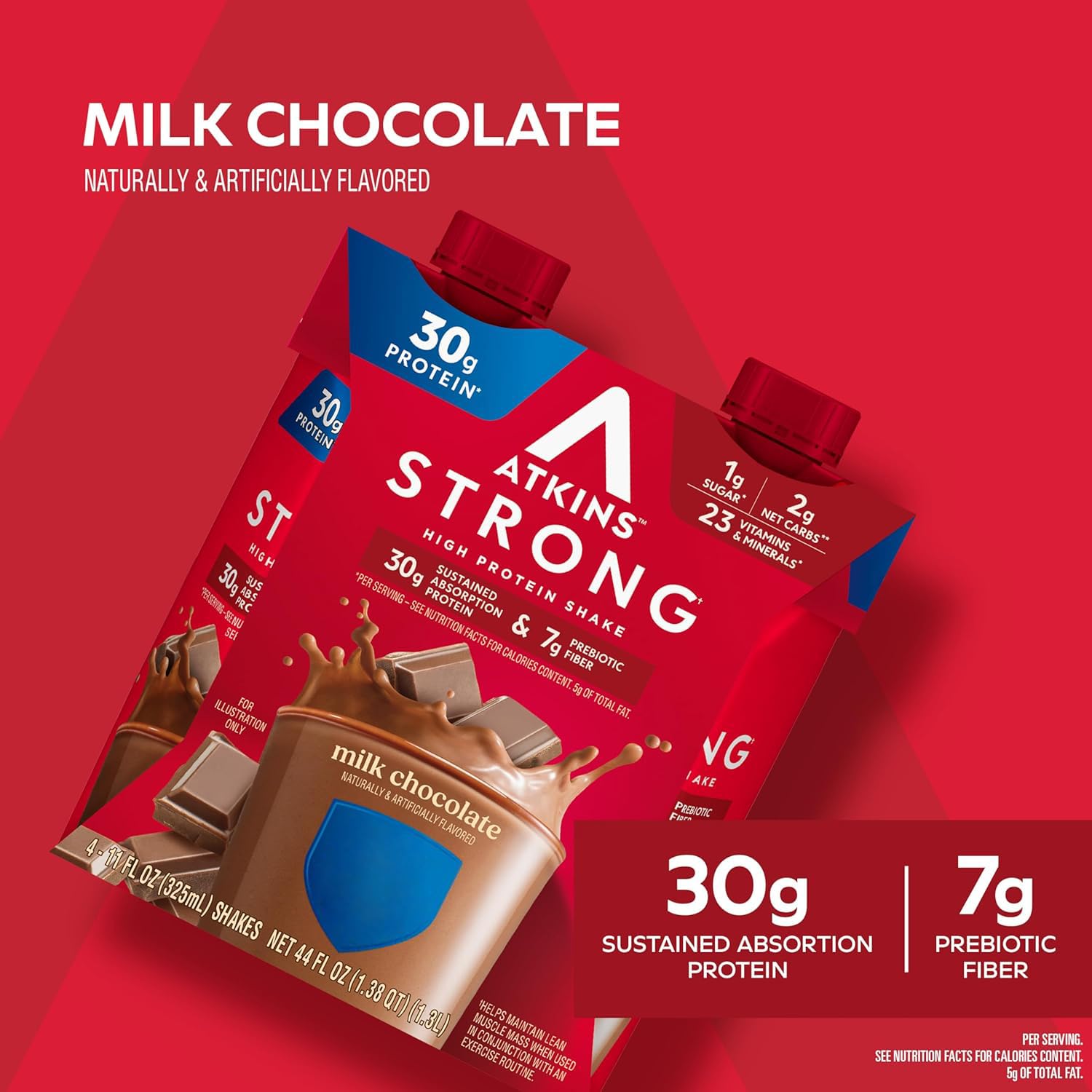Atkins Strong shake pour demonstrates smooth chocolate texture for flavor satisfaction.