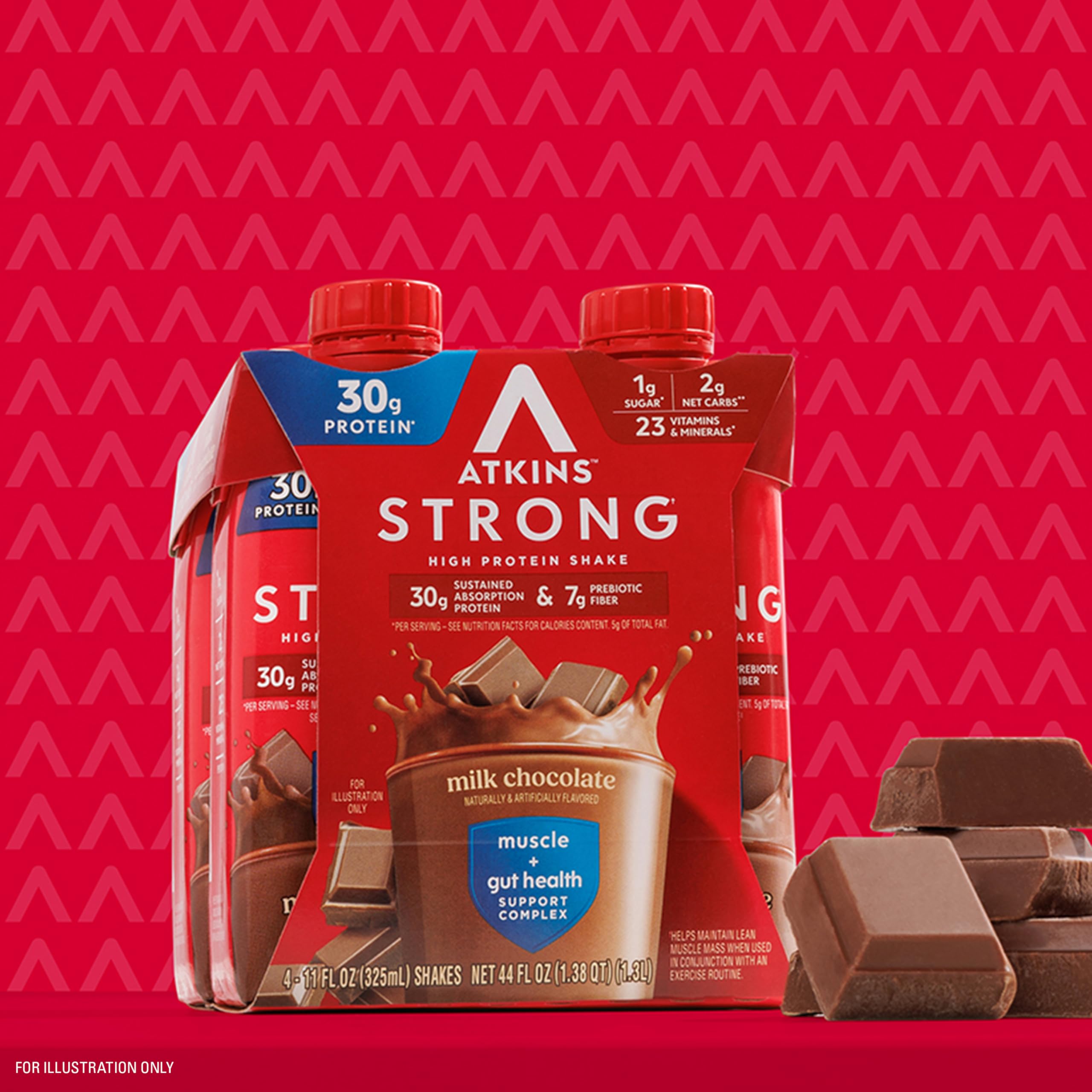 Atkins Strong ready-to-drink packaging emphasizes grab-and-go nutrition.
