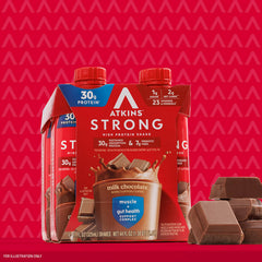 Atkins Strong ready-to-drink packaging emphasizes grab-and-go nutrition.