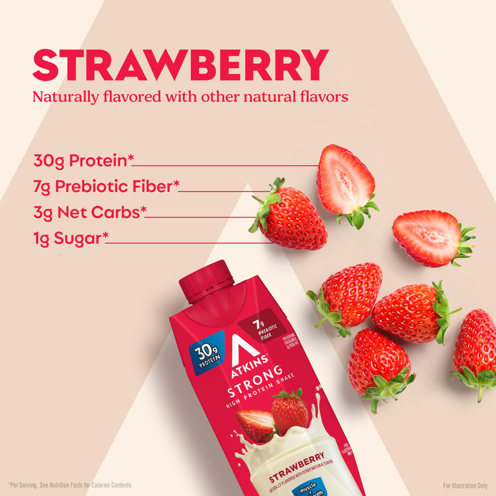 Atkins Strong strawberry shake served, delivering delicious flavor and satiety.