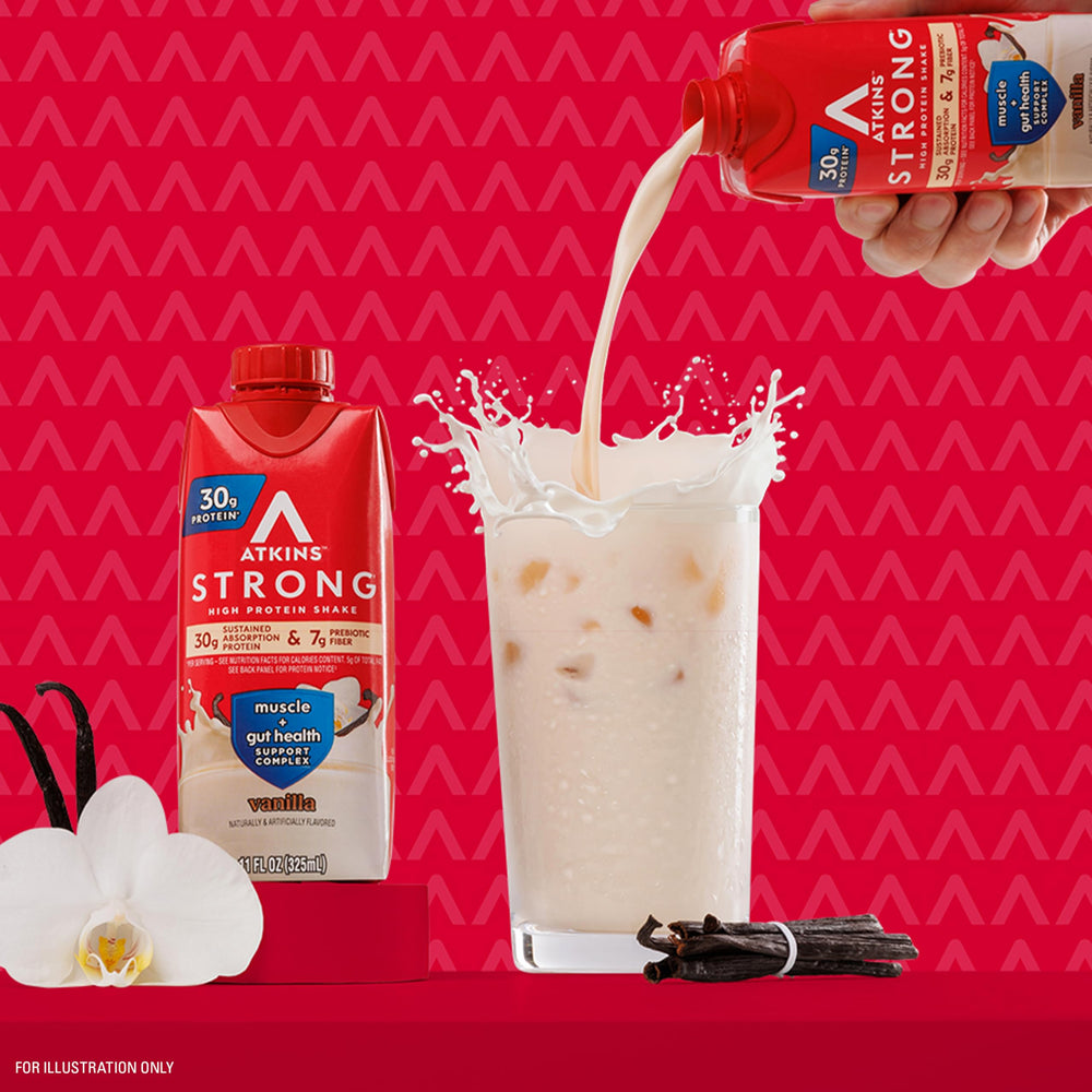 Gluten-free label on Atkins Strong Vanilla Shake bottle