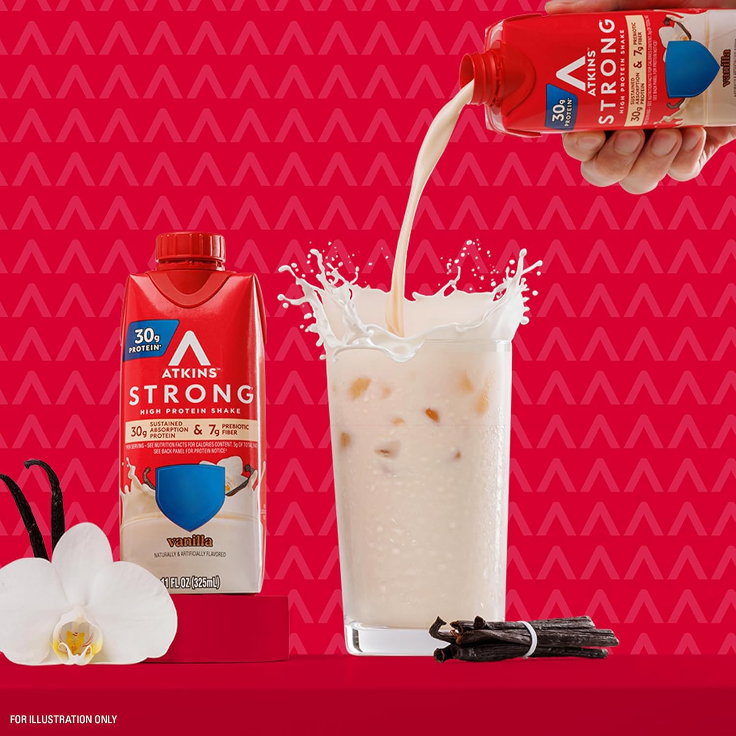 Packaging carton of Atkins Strong Vanilla Shake highlighting gluten-free and keto-friendly