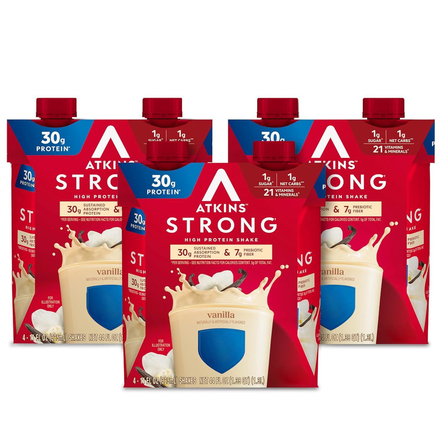 Atkins Strong Vanilla Shake ready-to-drink bottle for quick protein on the go