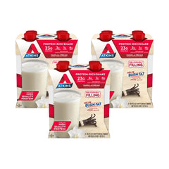Atkins Vanilla Cream Meal Size shake bottle shows 23g protein for a satisfying snack