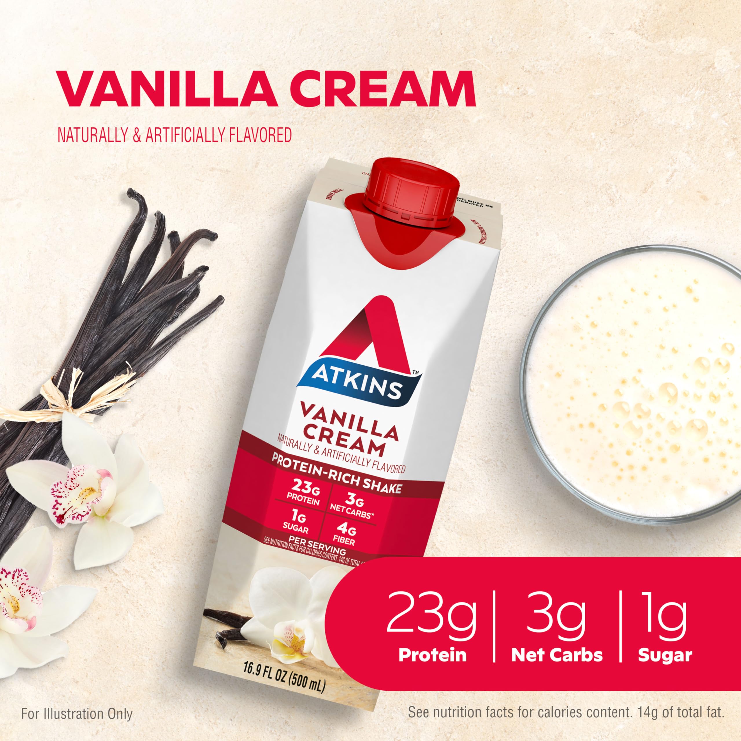 Pour of Atkins Vanilla Cream Meal Size shake highlights quick meal replacement possibility