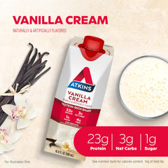 Pour of Atkins Vanilla Cream Meal Size shake highlights quick meal replacement possibility