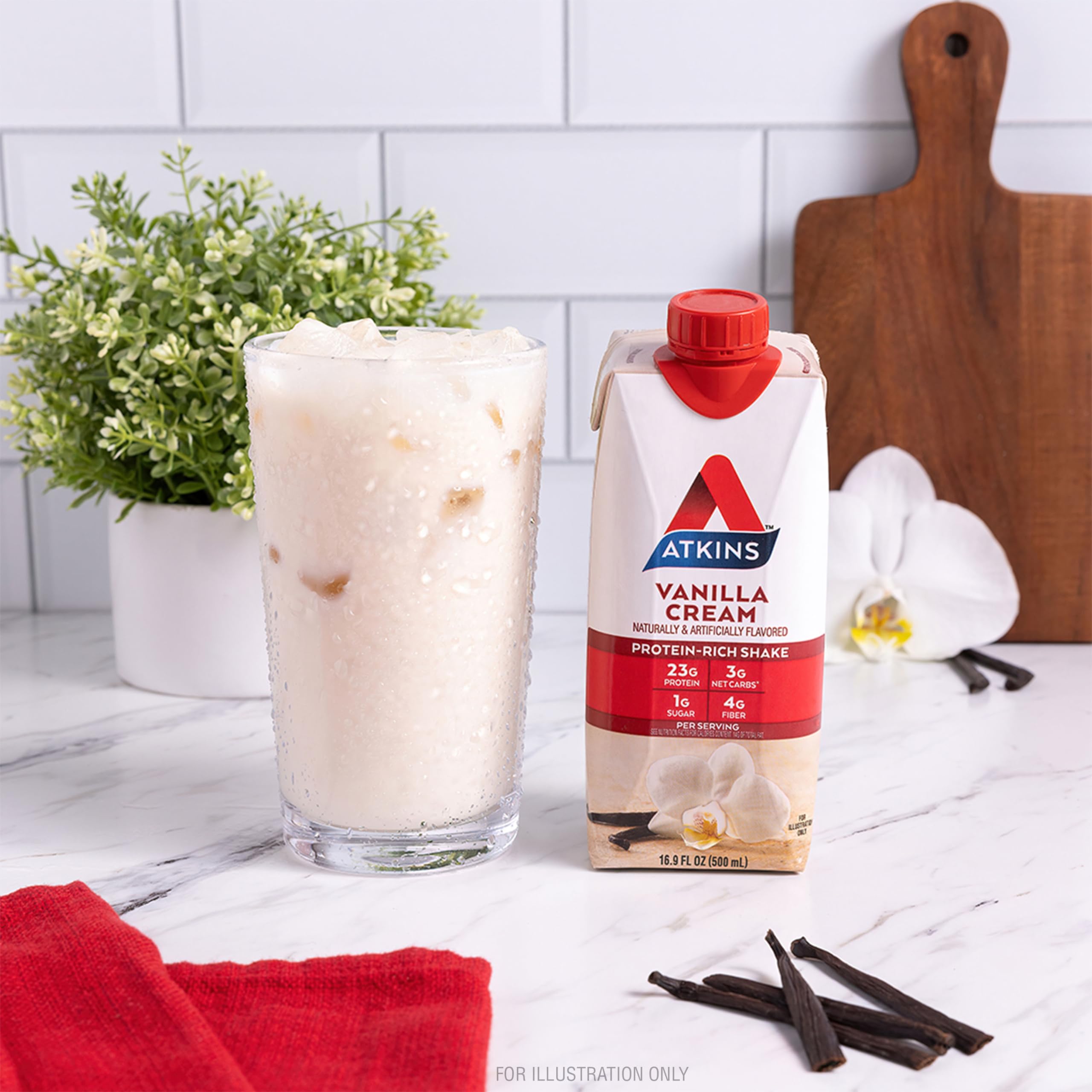 Carton packaging of Atkins shakes for home or travel
