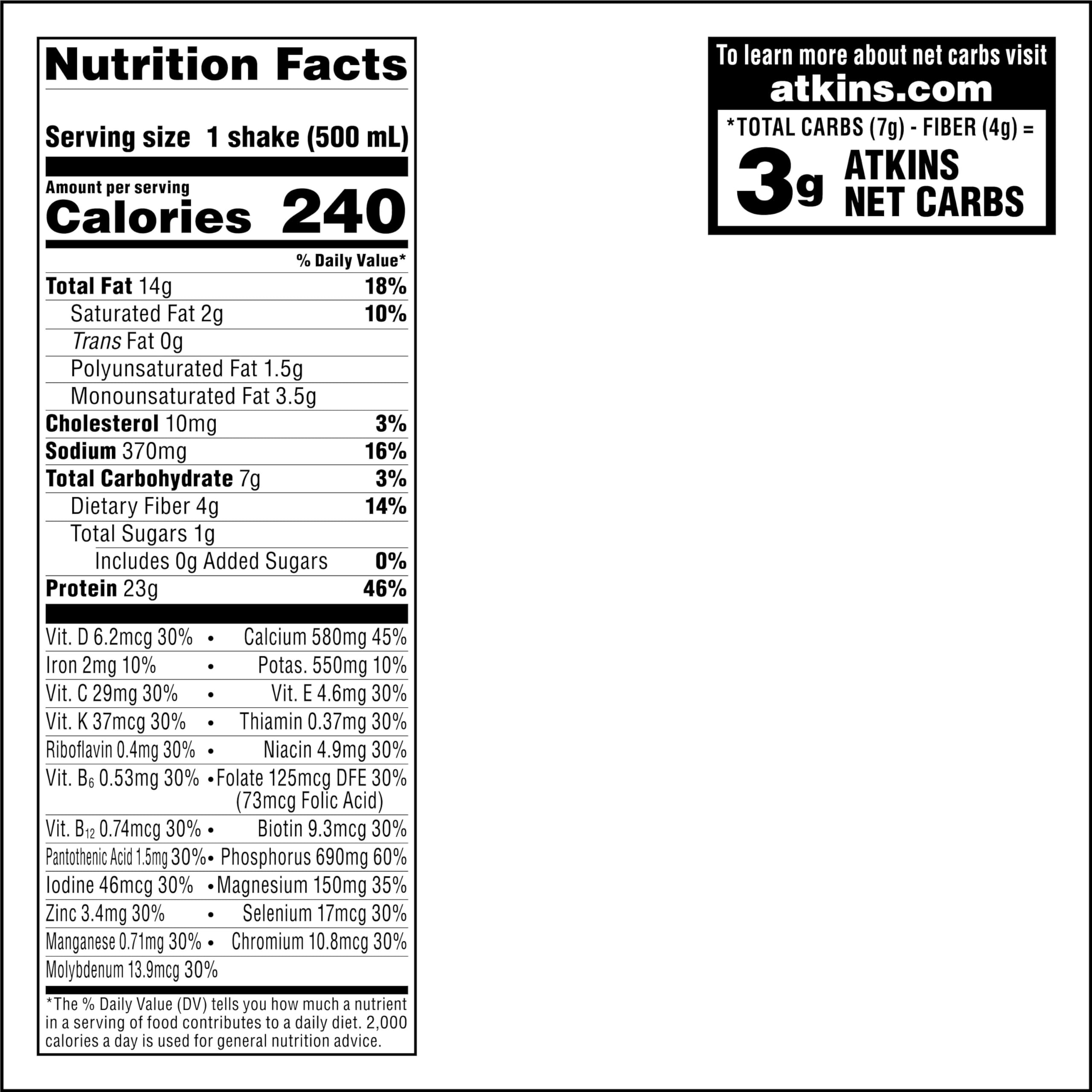 Nutrition panel of Atkins Vanilla Cream shake highlighting 23g protein and low net carbs