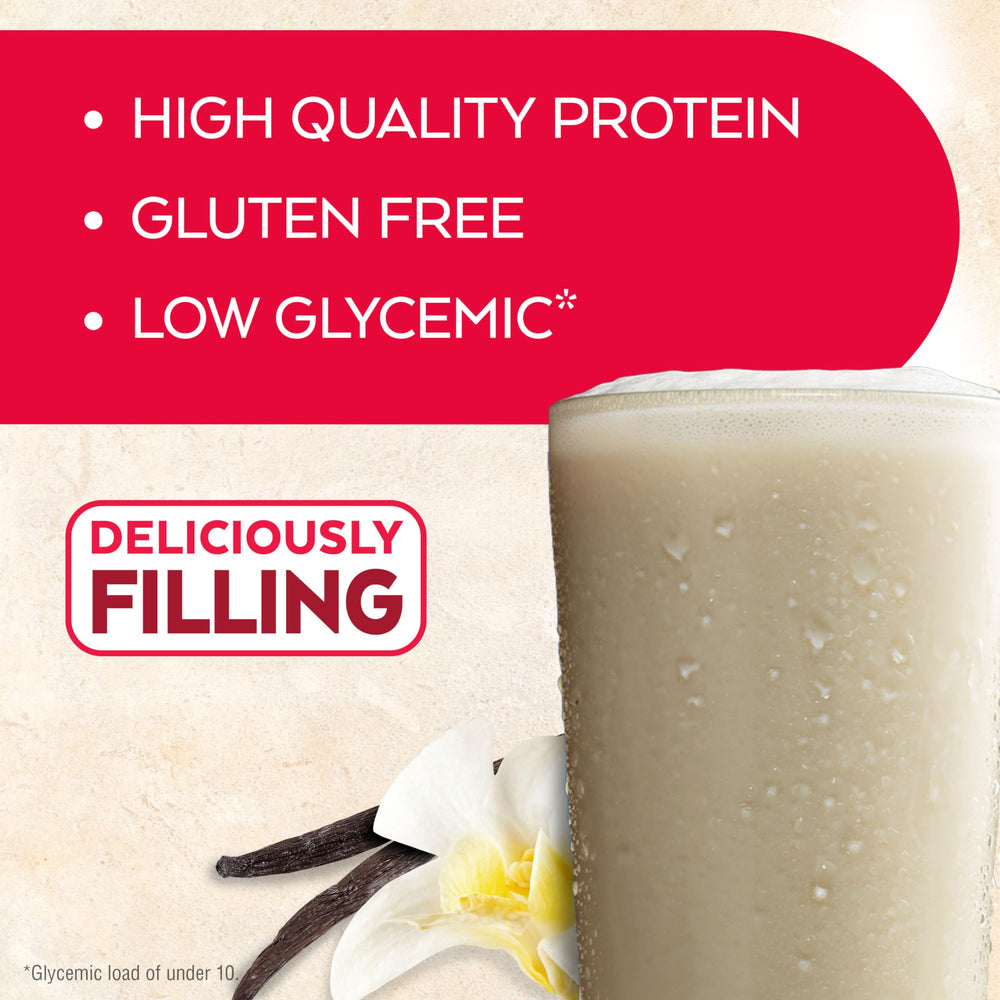 Close-up of Atkins Vanilla Cream shake label shows keto-friendly and low sugar features