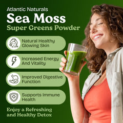 Atlantic Naturals Organic Sea Moss Powder Blend label highlights 20:1 extract and nutrients