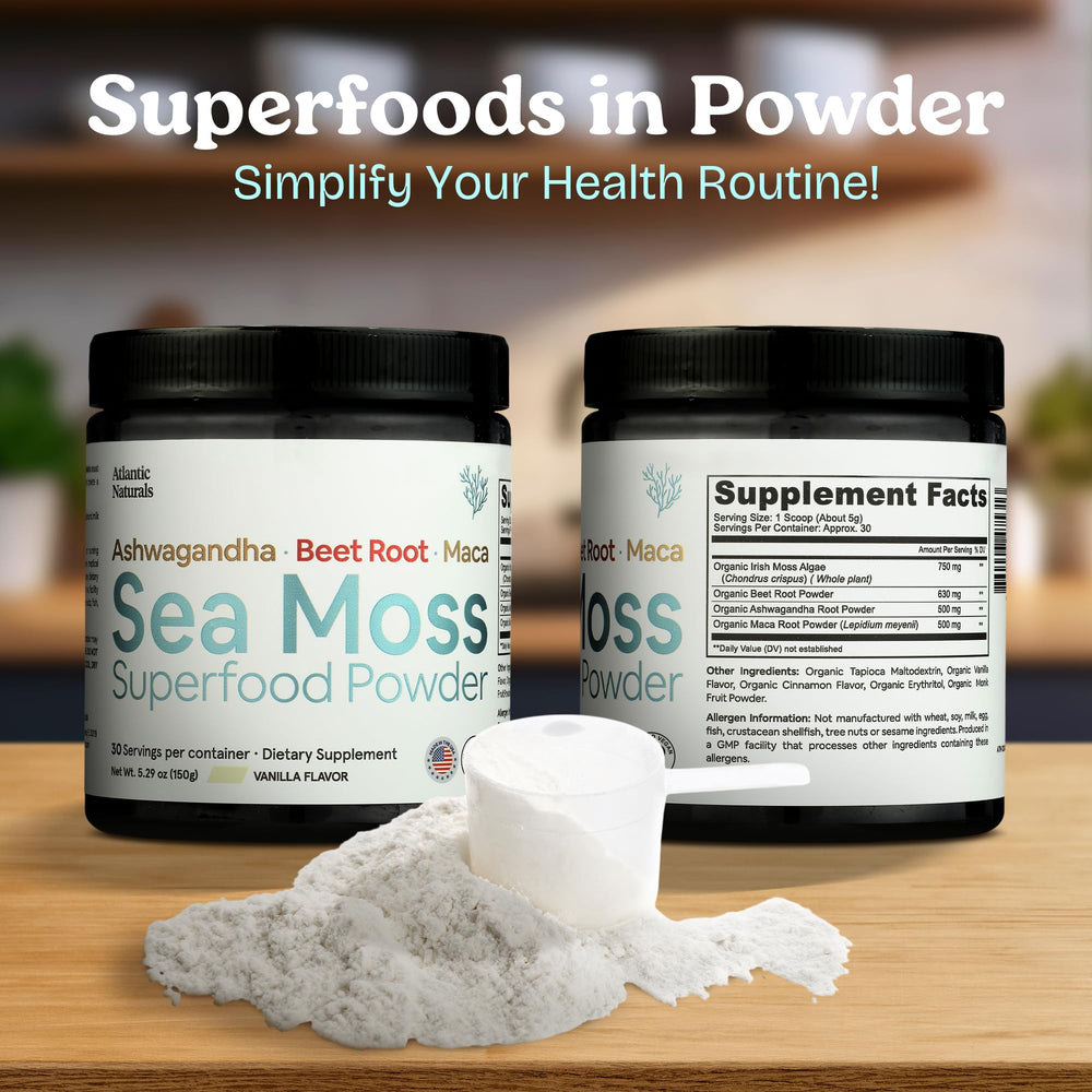 Atlantic Naturals ingredients beet, ashwagandha, maca with sea moss for holistic support.