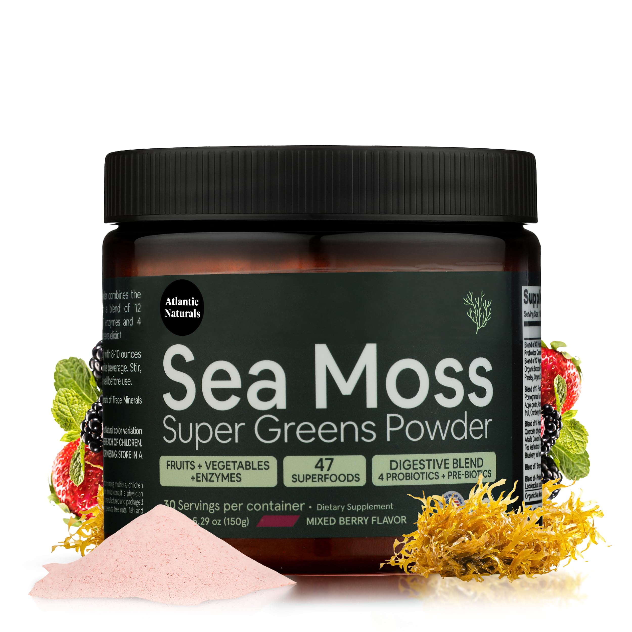 Atlantic Naturals Sea Moss Super Greens tub showing nutrient-dense blend for daily energy