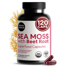 Atlantic Naturals Sea Moss with Beet Root capsules on a kitchen counter for daily energy support