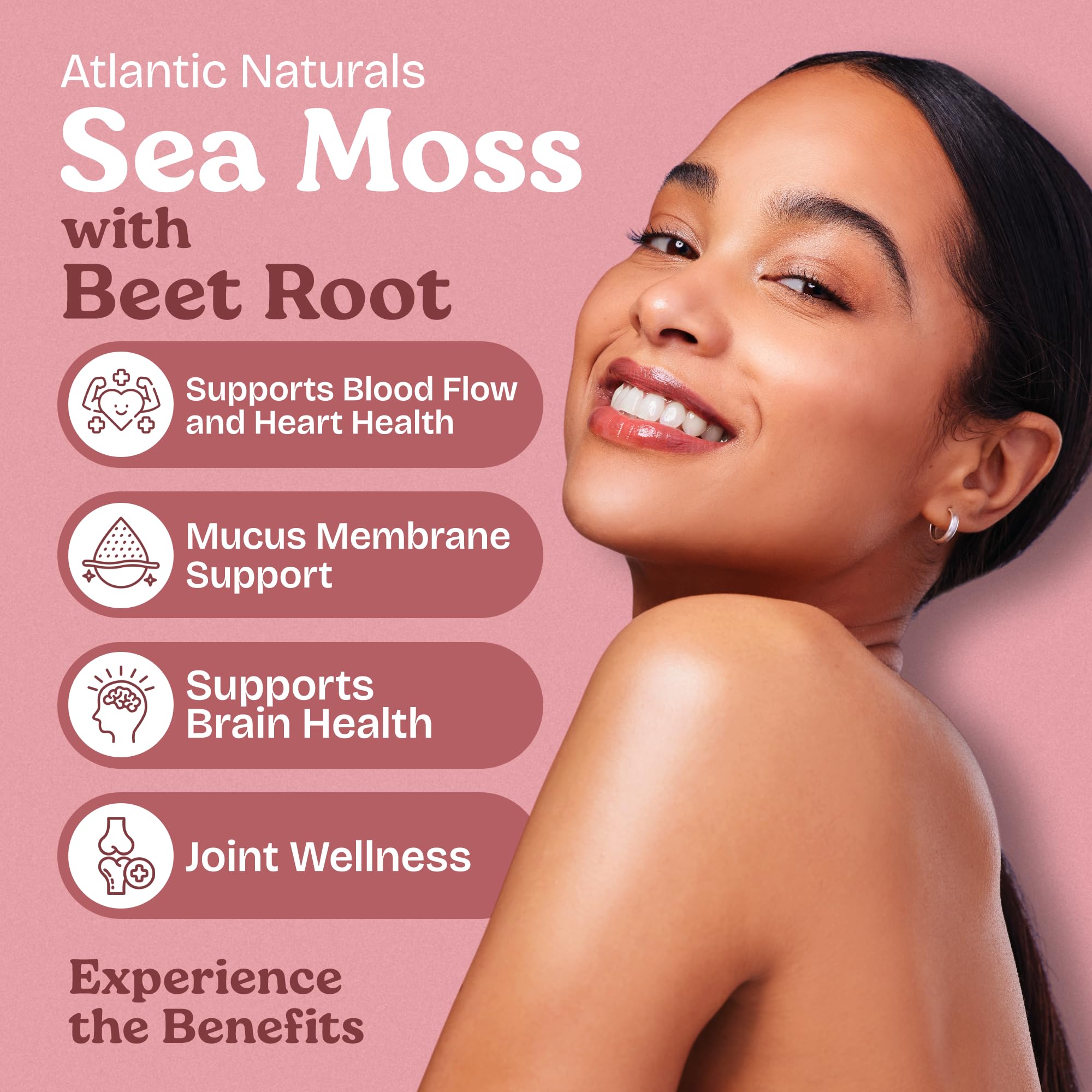 Atlantic Naturals Sea Moss with Beet Root capsules close-up highlighting the bottle