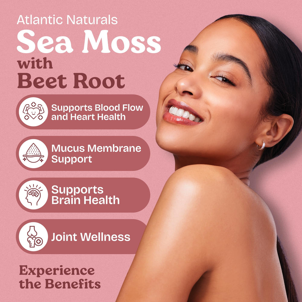 Atlantic Naturals Sea Moss with Beet Root capsules close-up highlighting the bottle