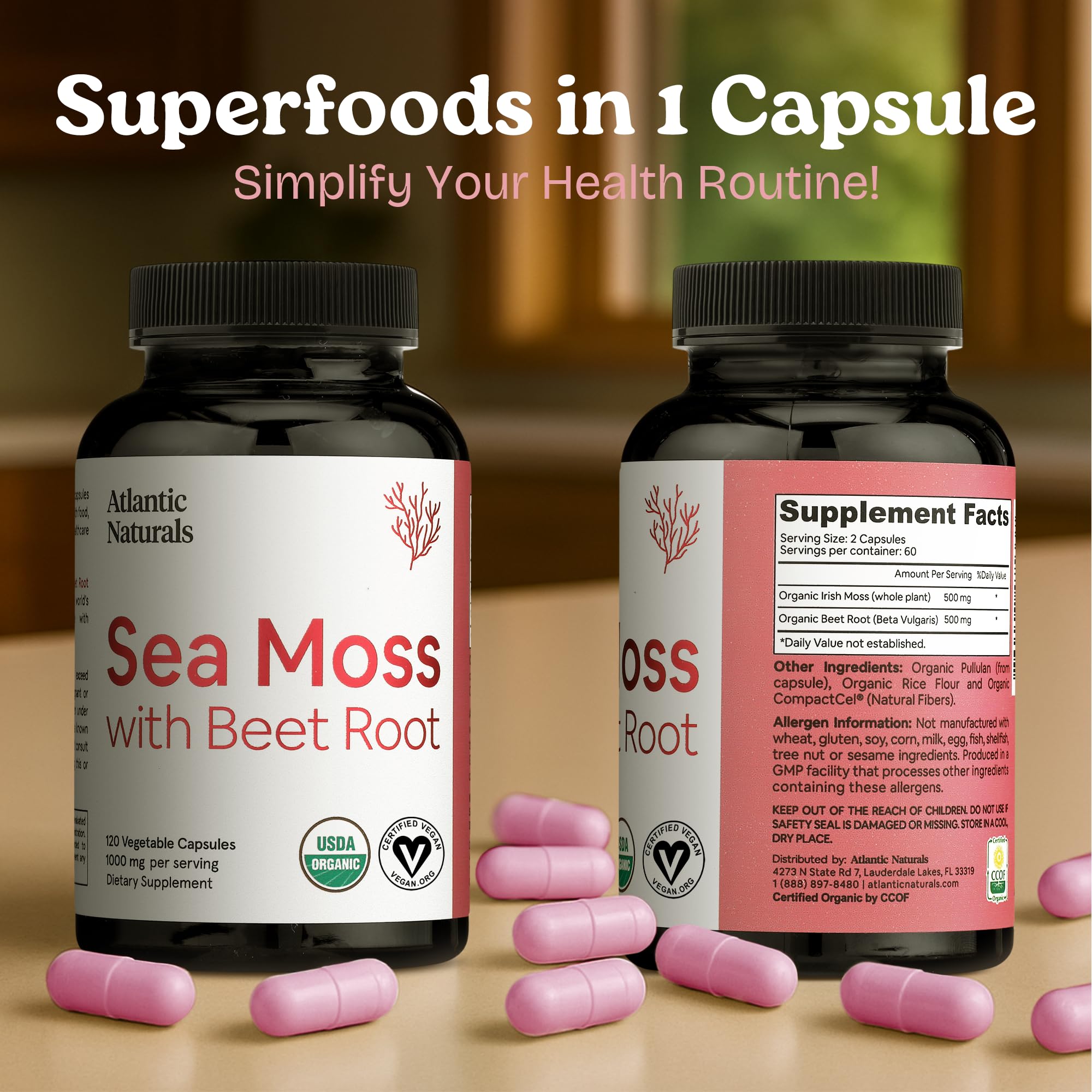Atlantic Naturals Sea Moss with Beet Root capsules being poured into a glass