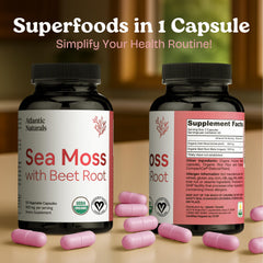 Atlantic Naturals Sea Moss with Beet Root capsules being poured into a glass