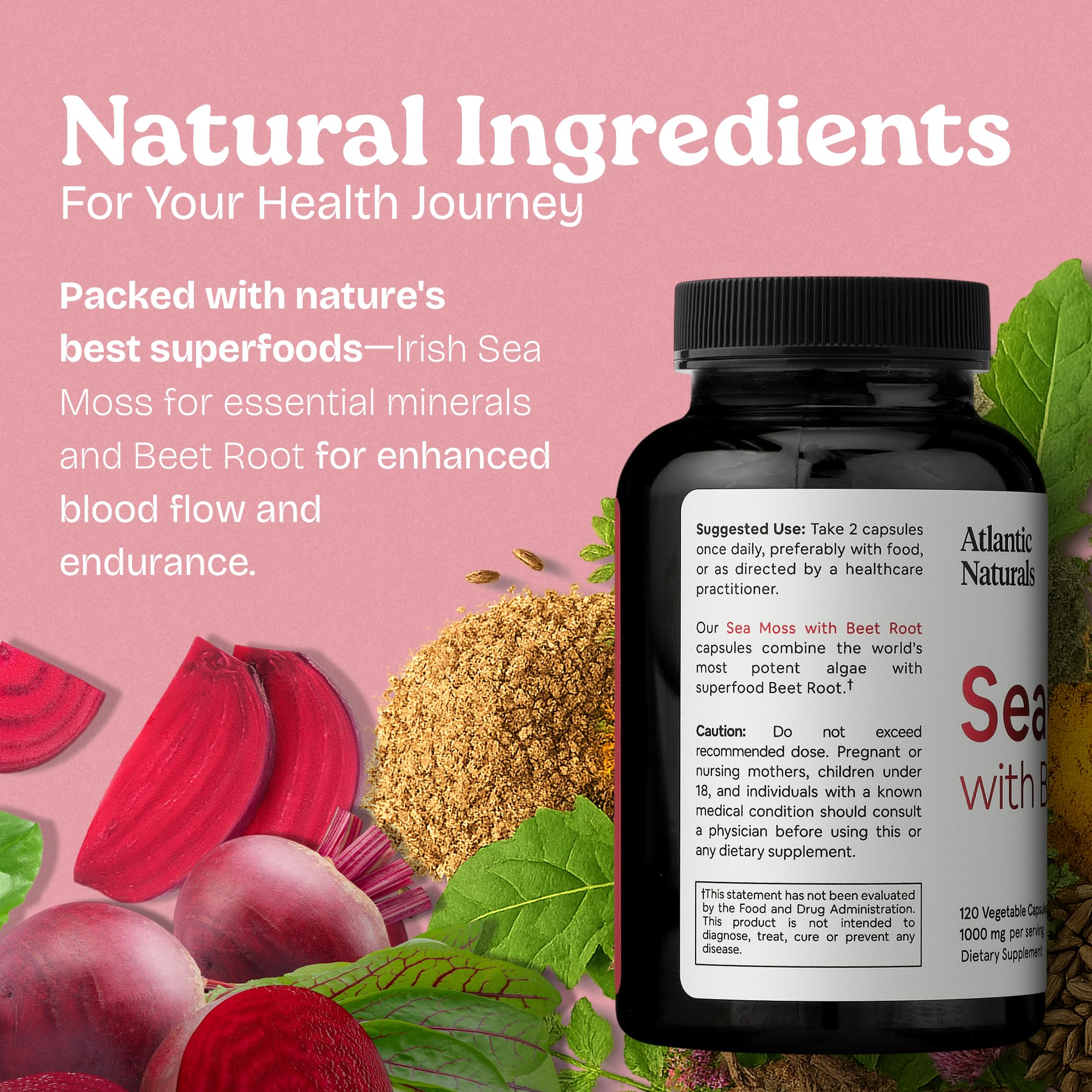Atlantic Naturals Sea Moss with Beet Root capsules arranged with fruit and water