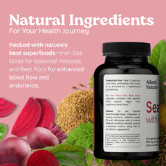 Atlantic Naturals Sea Moss with Beet Root capsules arranged with fruit and water