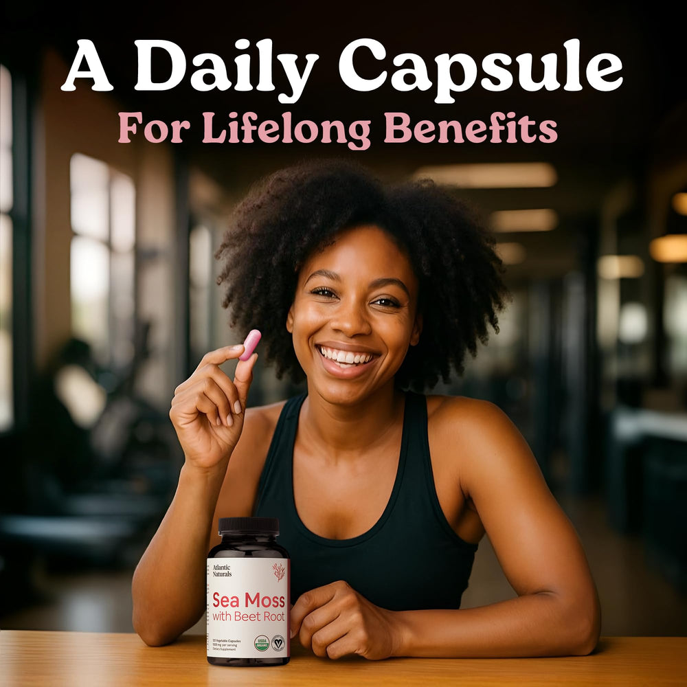 Atlantic Naturals Sea Moss with Beet Root bottle beside a wellness journal